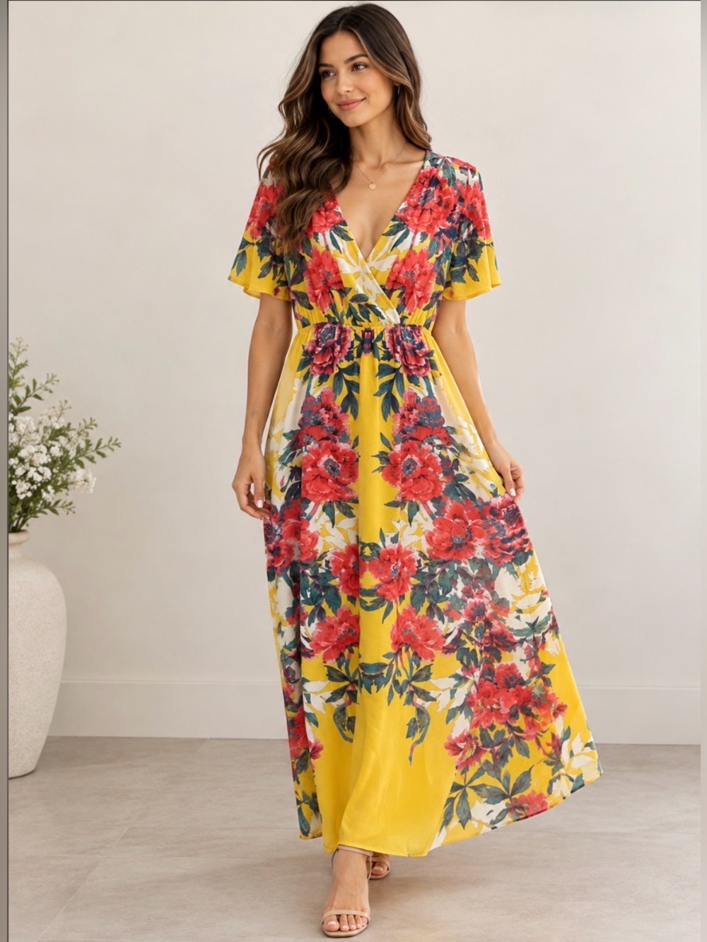 221. Flying tomato Floral Wrap Maxi Dress - Yellow with Red Bloom Print size m
